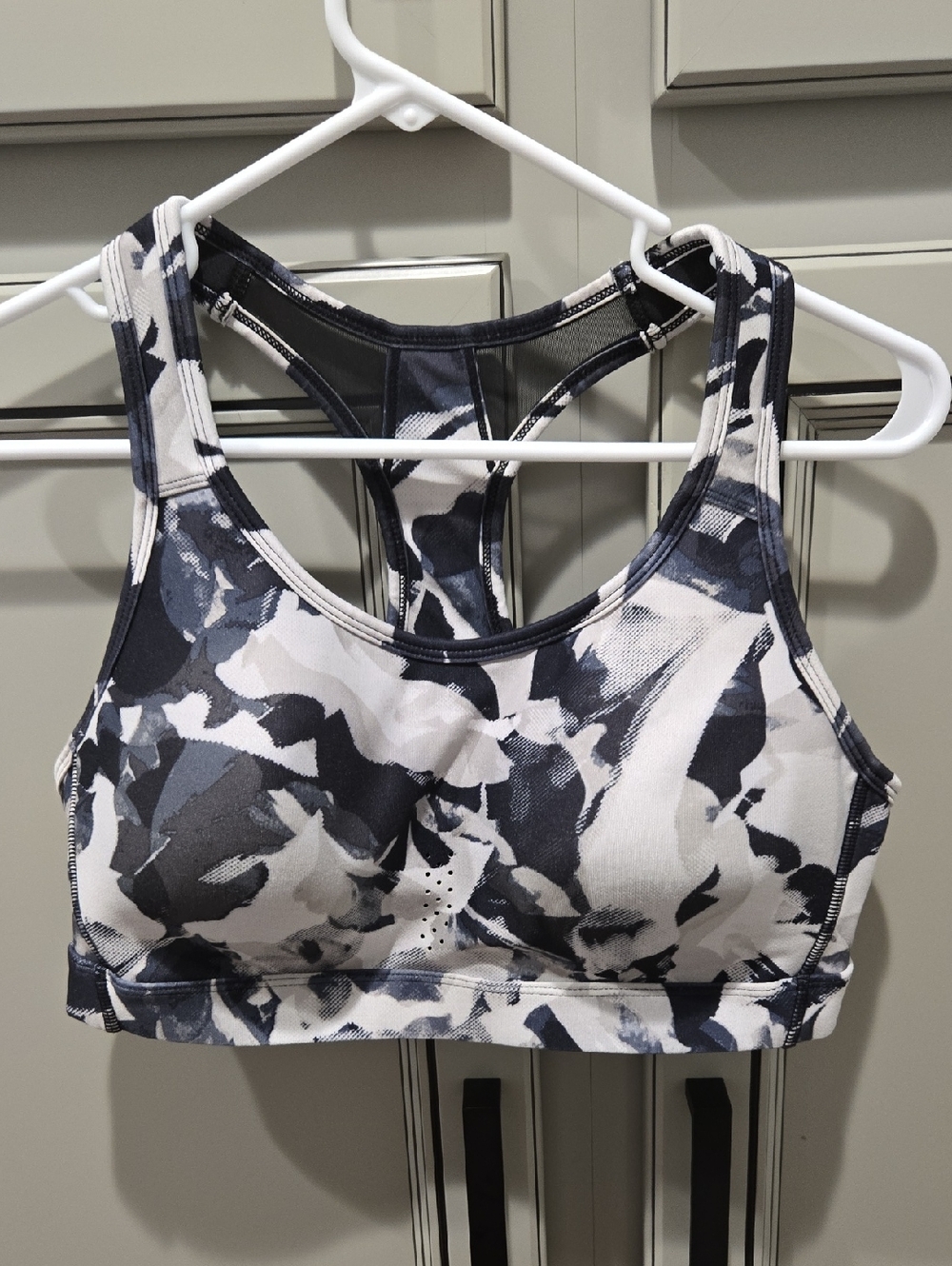 Avia Black & White Abstract Racerback Sports Bra with Perforated Front